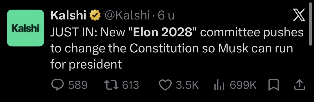 Attached screenshot of a Kalshi post about an Elon 2028 committee